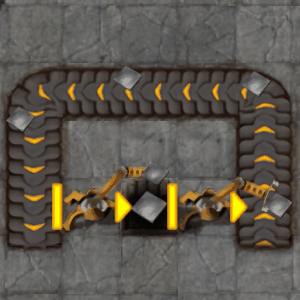 Inserters insert onto the far side of a belt running past them.
