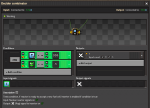 Shows decider combinator conditions [T signal on green wire < 999] AND [Uranium-fuel-cell signal on green wire = 0] with output [X signal set 1]. Current state input is signal T=15C. Current state output is signal X=1.