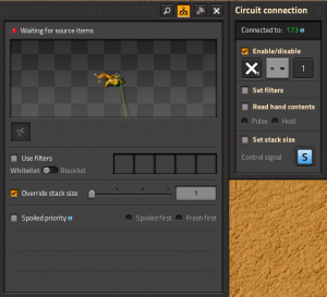 Inserter dialog with settings "Override stack size" and "Enable/disable" selected. The override setting is set to 1. The enable setting is set to signal X = 1.